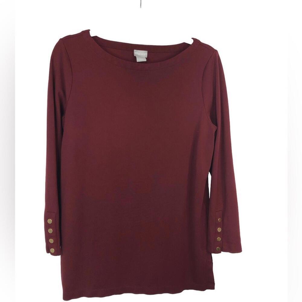 Chico’s Women’s Top Tunic Long Sleeve Gold Button Trim Side Slits Cranberry